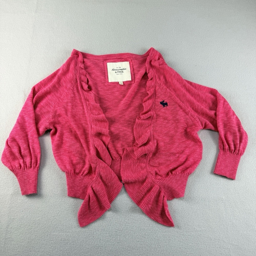 Abercrombie Fitch Women S Open Front Ruffle Pink Crop Cardigan 3/4sleeves Y2k